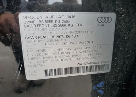 2016 Audi Q5 Premium Plus S-Line from USA, damaged, VIN WA1D7AFP6GA137403